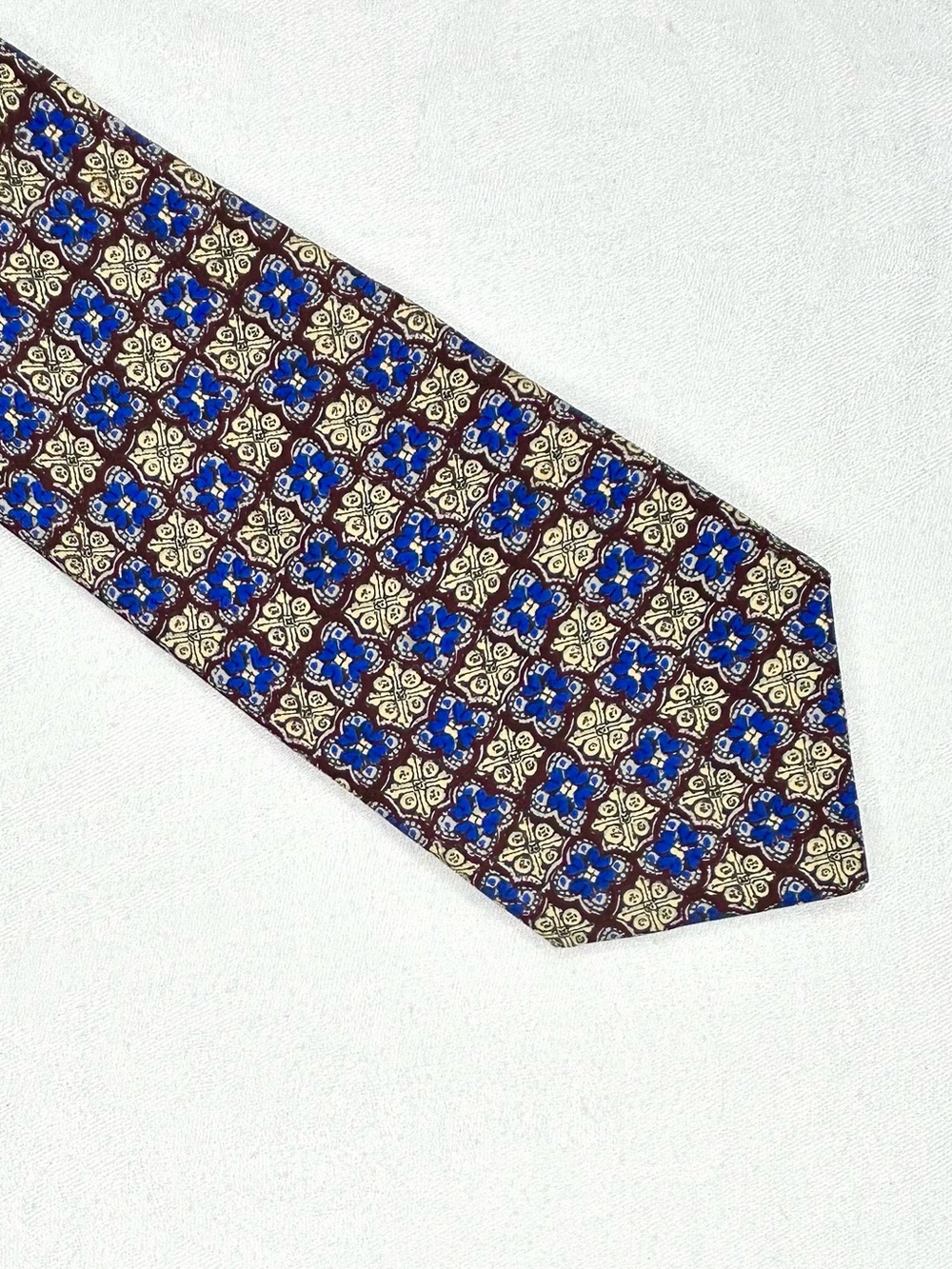 Vintage 80s Givenchy Tie All Silk Blue and Deep Burgundy Geometric 3 1/2” Wide